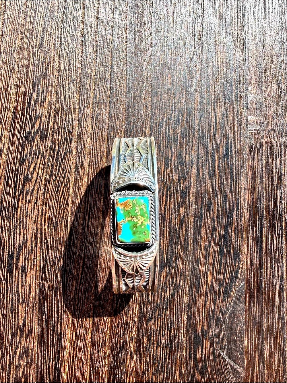 Sunshine Reeves Navajo Sterling Silver and Sonoran Gold Turquoise Stamped Cuff